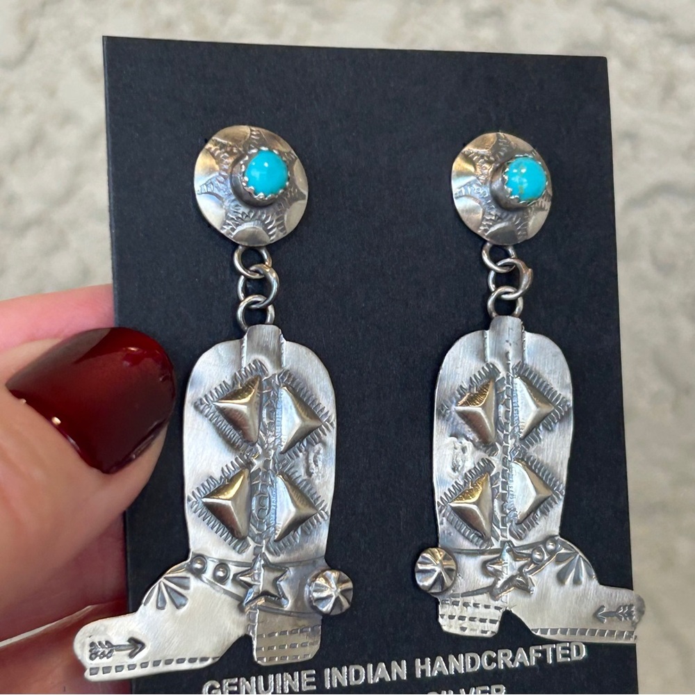 Tim Yazzie Signed Sterling Silver & Kingman Turquoise Boot Dangle Earrings